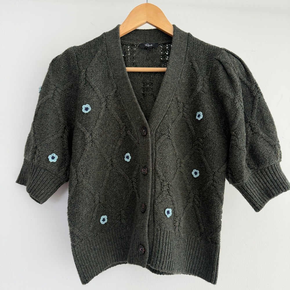 Rails Isla Cardigan Womens XS Green Forest Daisies Cable Knit Floral Sweater
